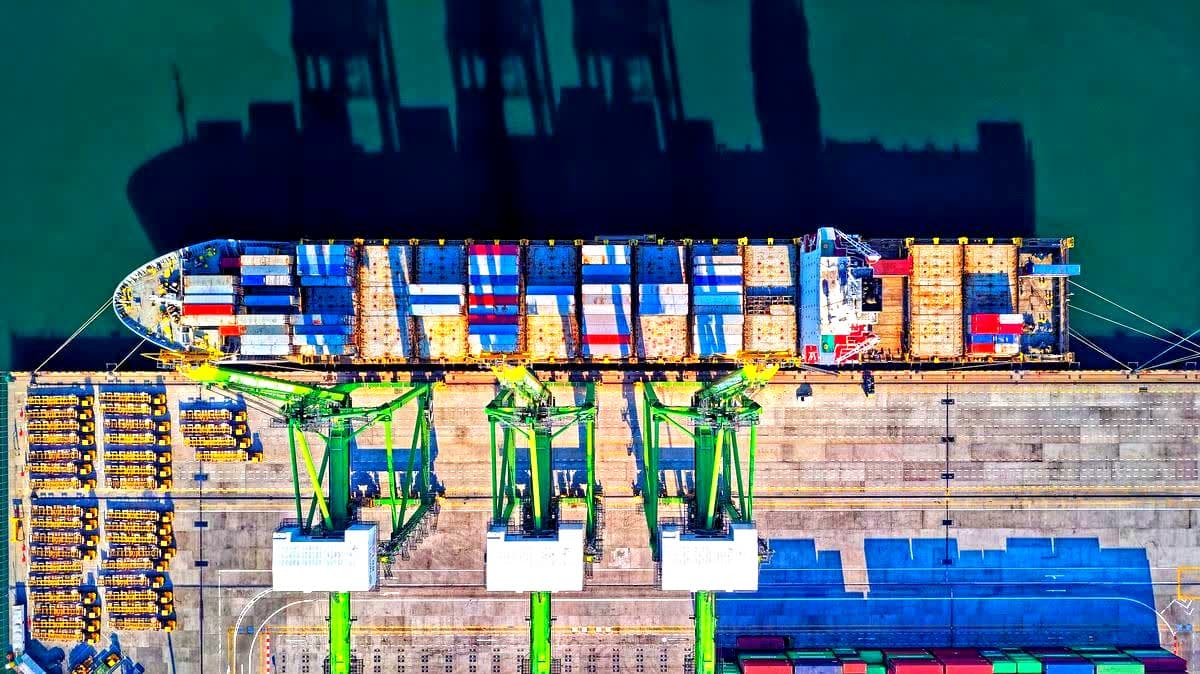 Aerial view of a global container port